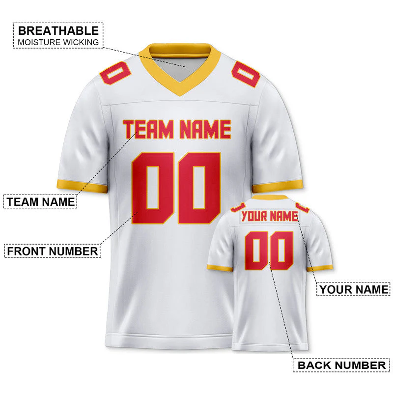 Custom White Red-Gold Mesh Authentic Football Jersey